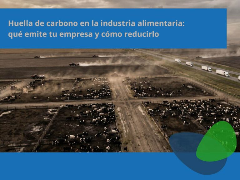 Vista aérea de la cadena de valor alimentaria mostrando ganadería intensiva, campos agrícolas, planta procesadora y logística como fuentes de huella de carbono